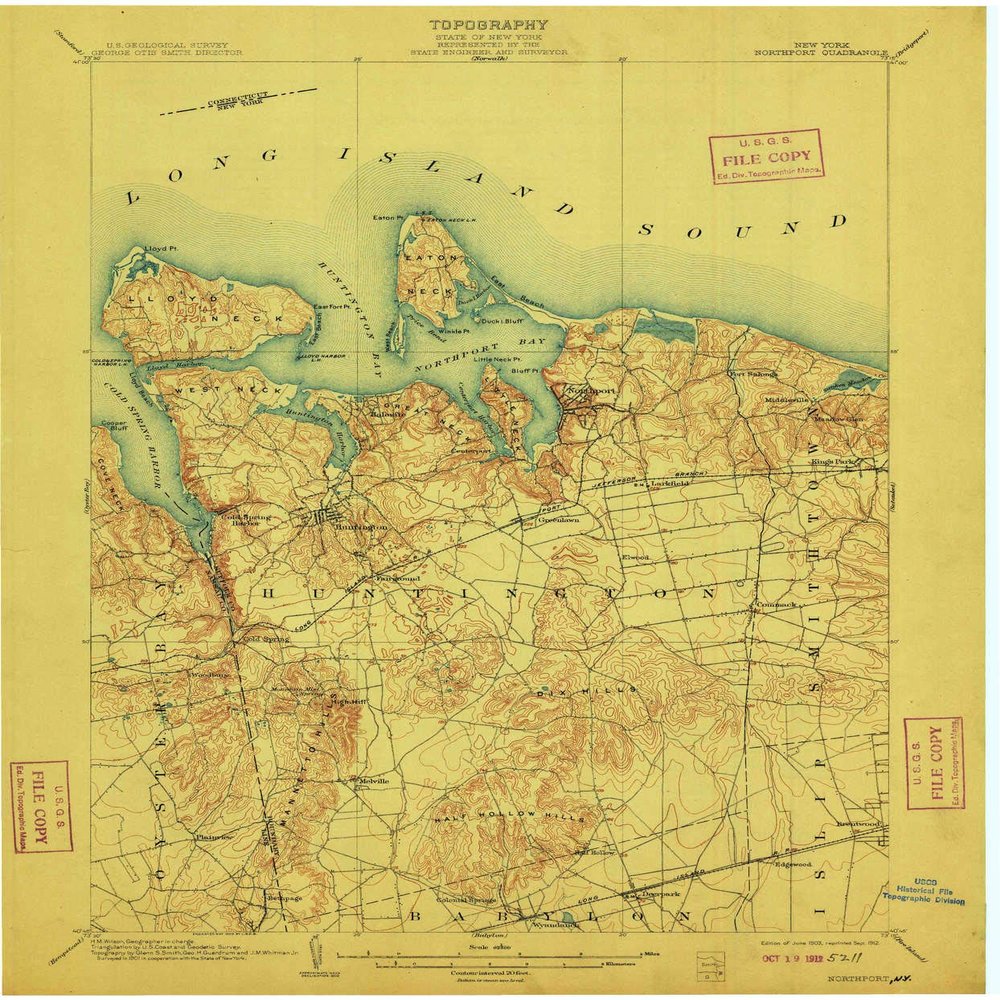 YellowMaps Northport NY topo map, 1:62500 Scale, 15 X 15 Minute, Historical, 1903, Updated 1912, 20 x 16.6 in - Tyvek