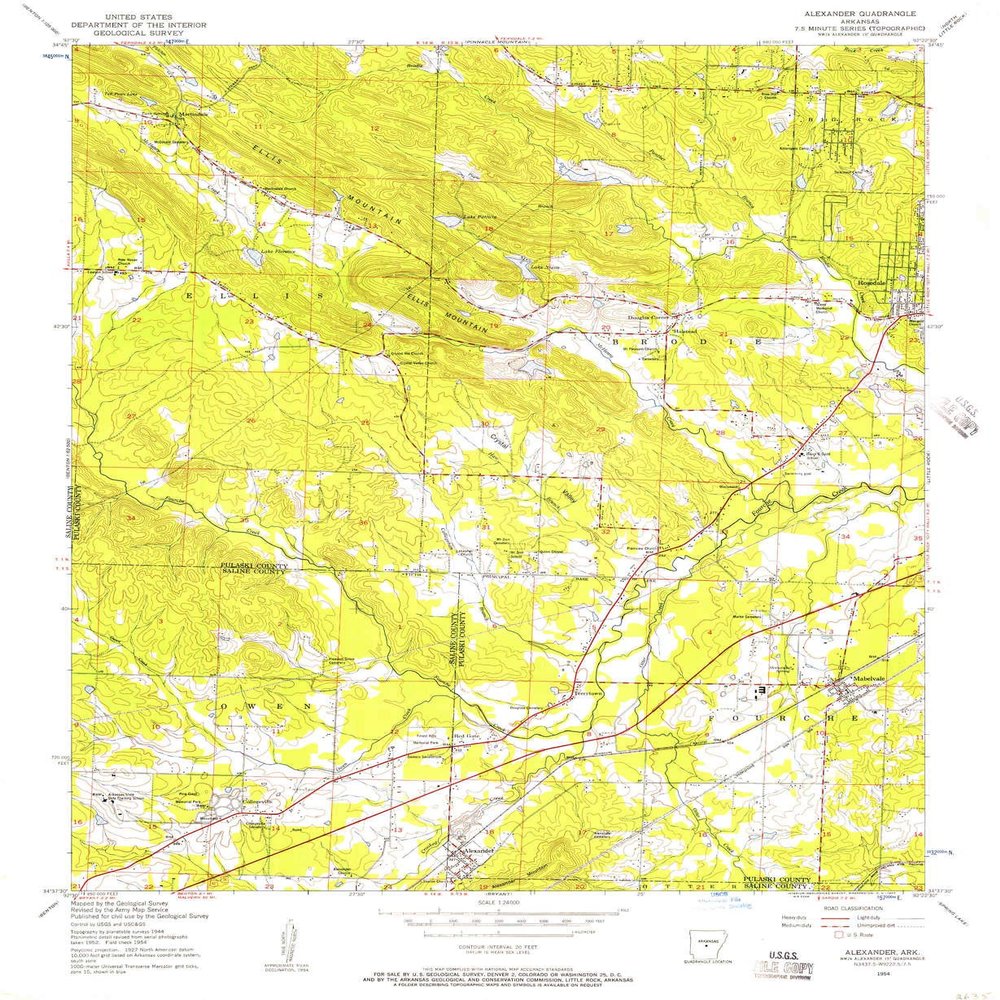 YellowMaps Alexander AR topo map, 1:24000 Scale, 7.5 X 7.5 Minute, Historical, 1954, Updated 1957, 26.9 x 22 in - Polypropylene