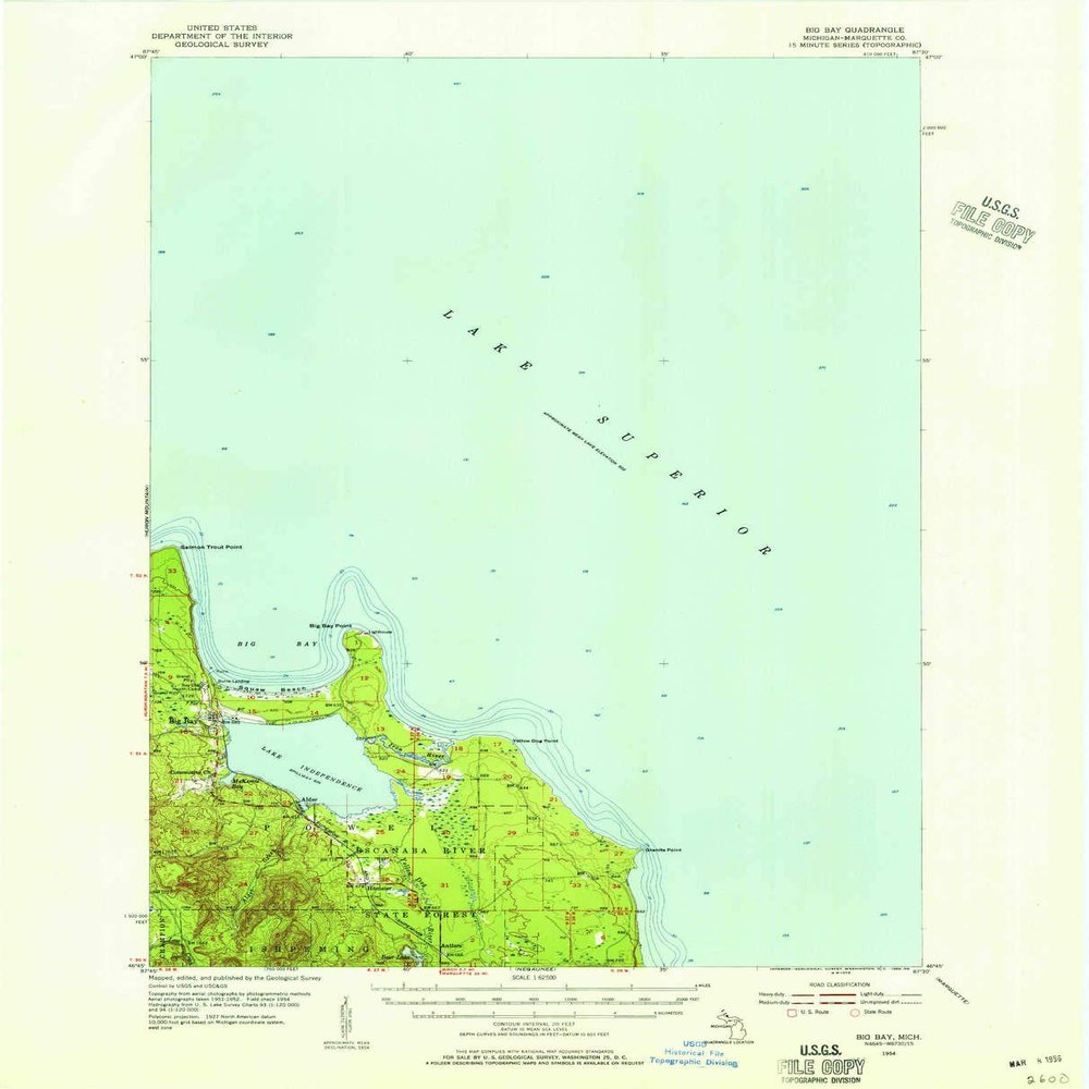 YellowMaps Big Bay MI topo map, 1:62500 Scale, 15 X 15 Minute, Historical, 1954, Updated 1956, 21 x 17 in - Polypropylene