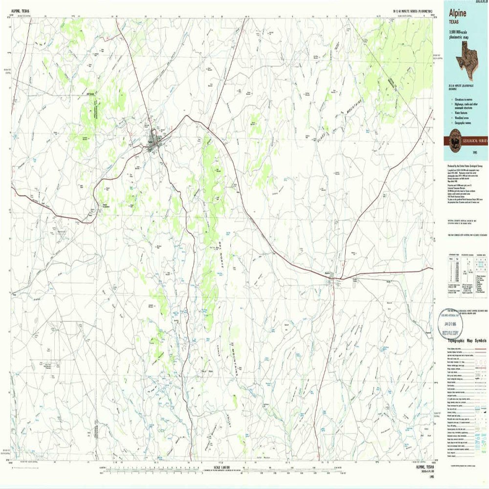 YellowMaps Alpine TX topo map, 1:100000 Scale, 30 X 60 Minute, Historical, 1985, Updated 1985, 24.1 x 43.9 in - Polypropylene