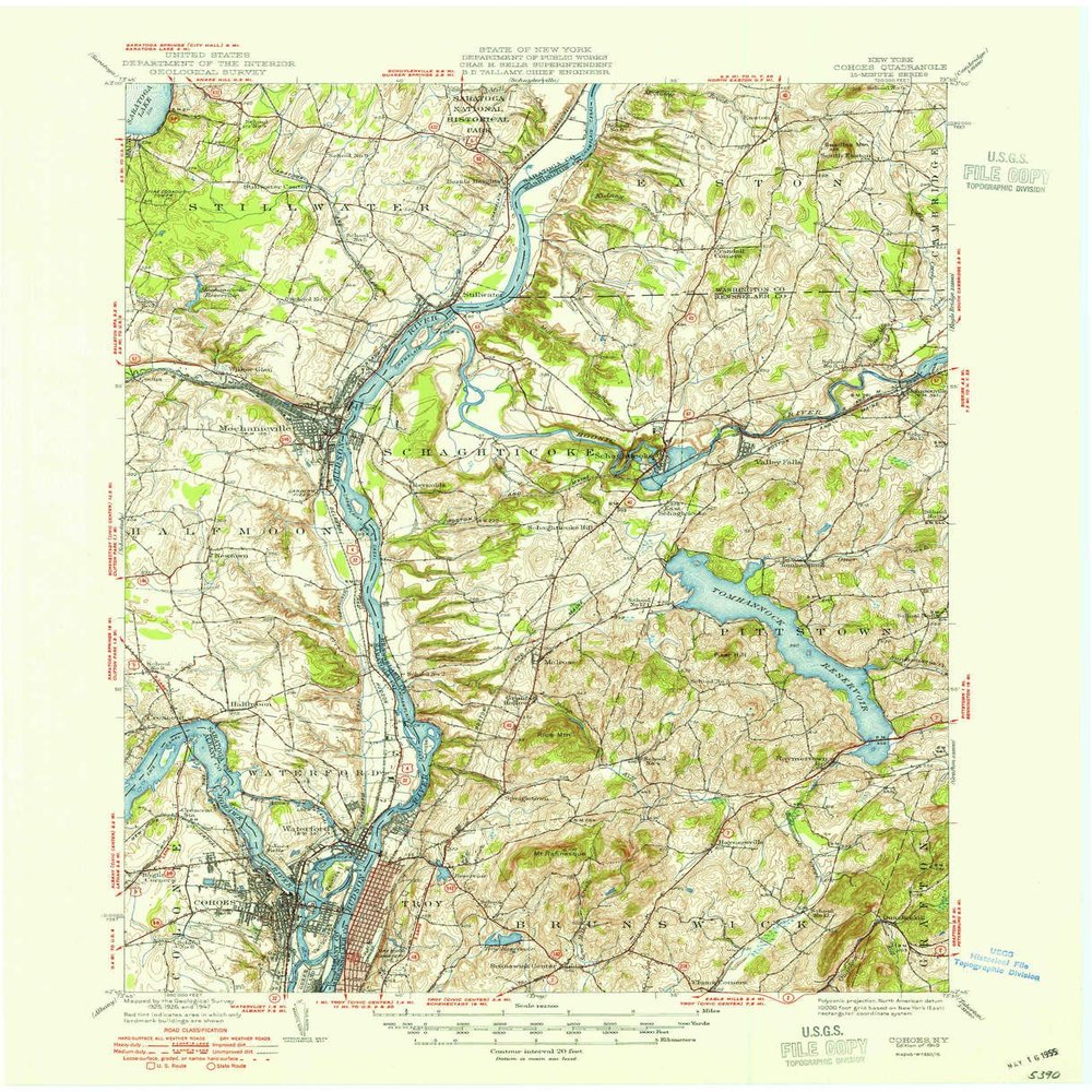YellowMaps Cohoes NY topo map, 1:62500 Scale, 15 X 15 Minute, Historical, 1949, 21 x 17 in - Polypropylene