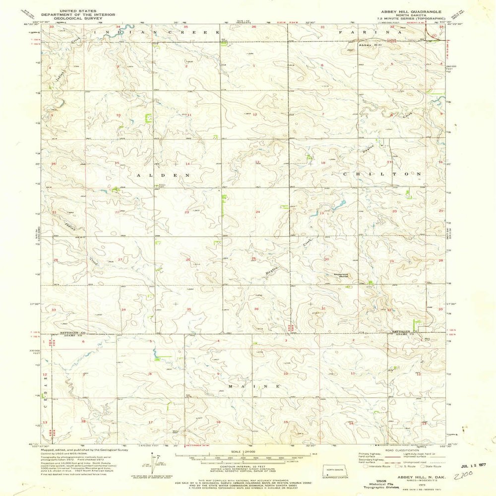 YellowMaps Abbey Hill ND topo map, 1:24000 Scale, 7.5 X 7.5 Minute, Historical, 1973, Updated 1977, 27 x 19.4 in - Polypropylene