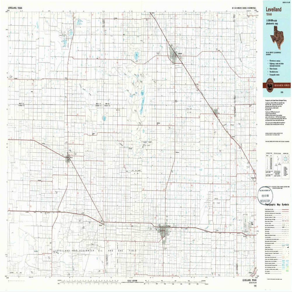 YellowMaps Levelland TX topo map, 1:100000 Scale, 30 X 60 Minute, Historical, 1985, Updated 1986, 24.1 x 42.9 in - Polypropylene