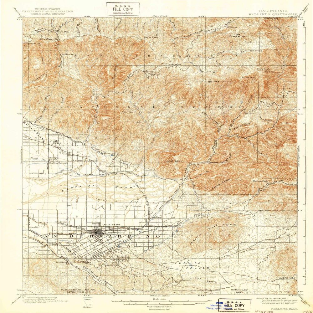 YellowMaps Redlands CA topo map, 1:62500 Scale, 15 X 15 Minute, Historical, 1901, Updated 1939, 19.7 x 16.6 in - Polypropylene