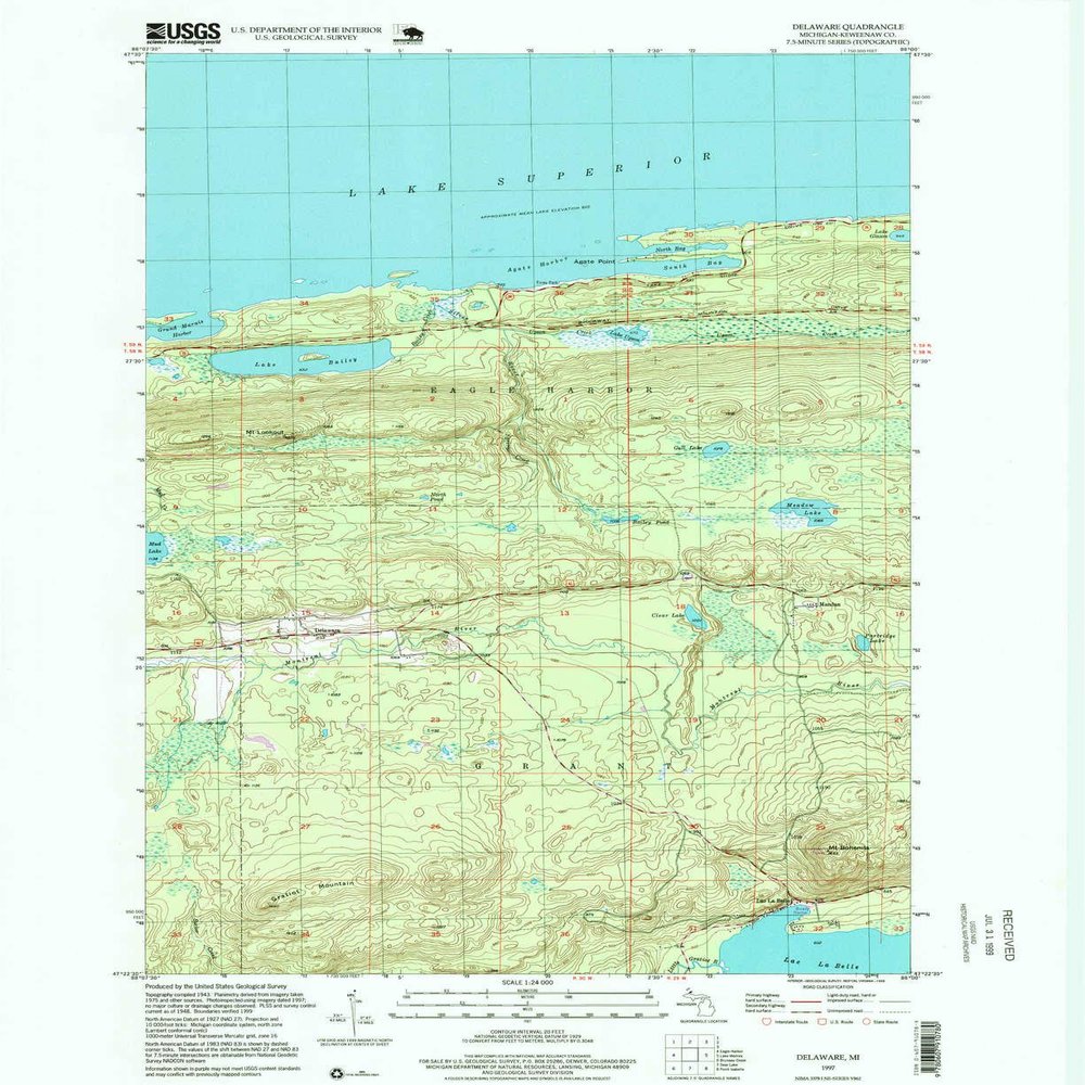YellowMaps Delaware MI topo map, 1:24000 Scale, 7.5 X 7.5 Minute, Historical, 1997, Updated 1999, 27 x 22.1 in - Polypropylene