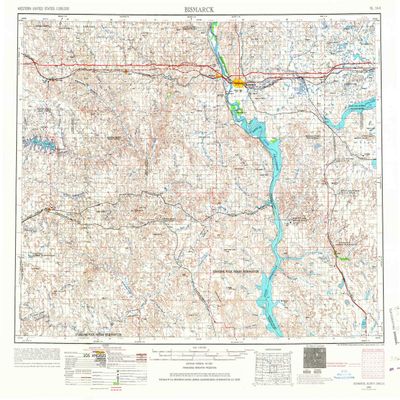 YellowMaps Bismarck ND topo map, 1:250000 Scale, 1 X 2 Degree, Historical, 1954, Updated 1967, 22.2 x 27.3 in - Tyvek