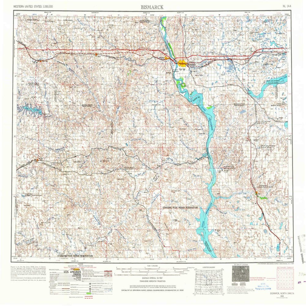 YellowMaps Bismarck ND topo map, 1:250000 Scale, 1 X 2 Degree, Historical, 1954, Updated 1967, 22.2 x 27.3 in - Tyvek