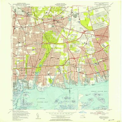 YellowMaps Amityville NY topo map, 1:24000 Scale, 7.5 X 7.5 Minute, Historical, 1954, Updated 1957, 26.9 x 22 in - Tyvek