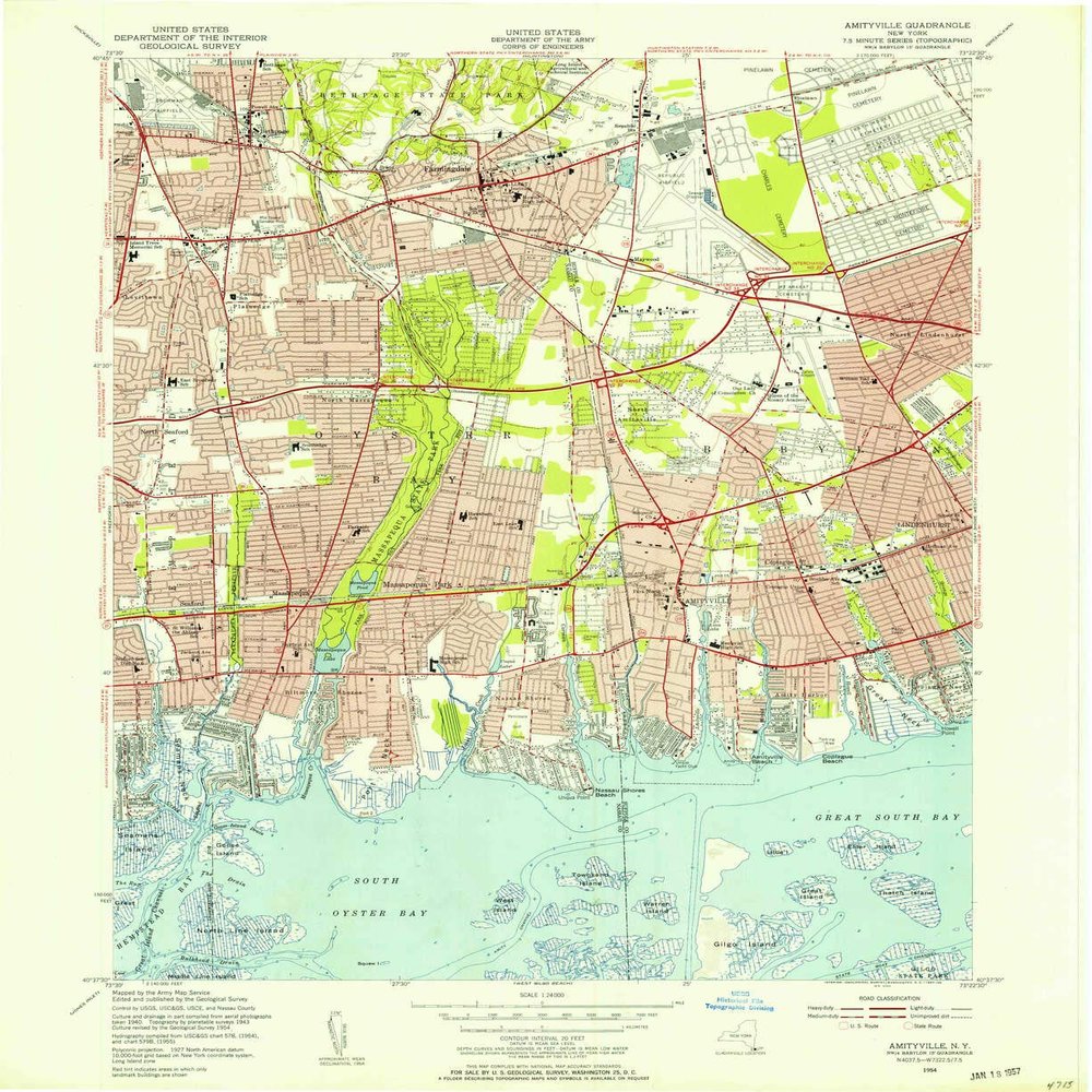 YellowMaps Amityville NY topo map, 1:24000 Scale, 7.5 X 7.5 Minute, Historical, 1954, Updated 1957, 26.9 x 22 in - Tyvek