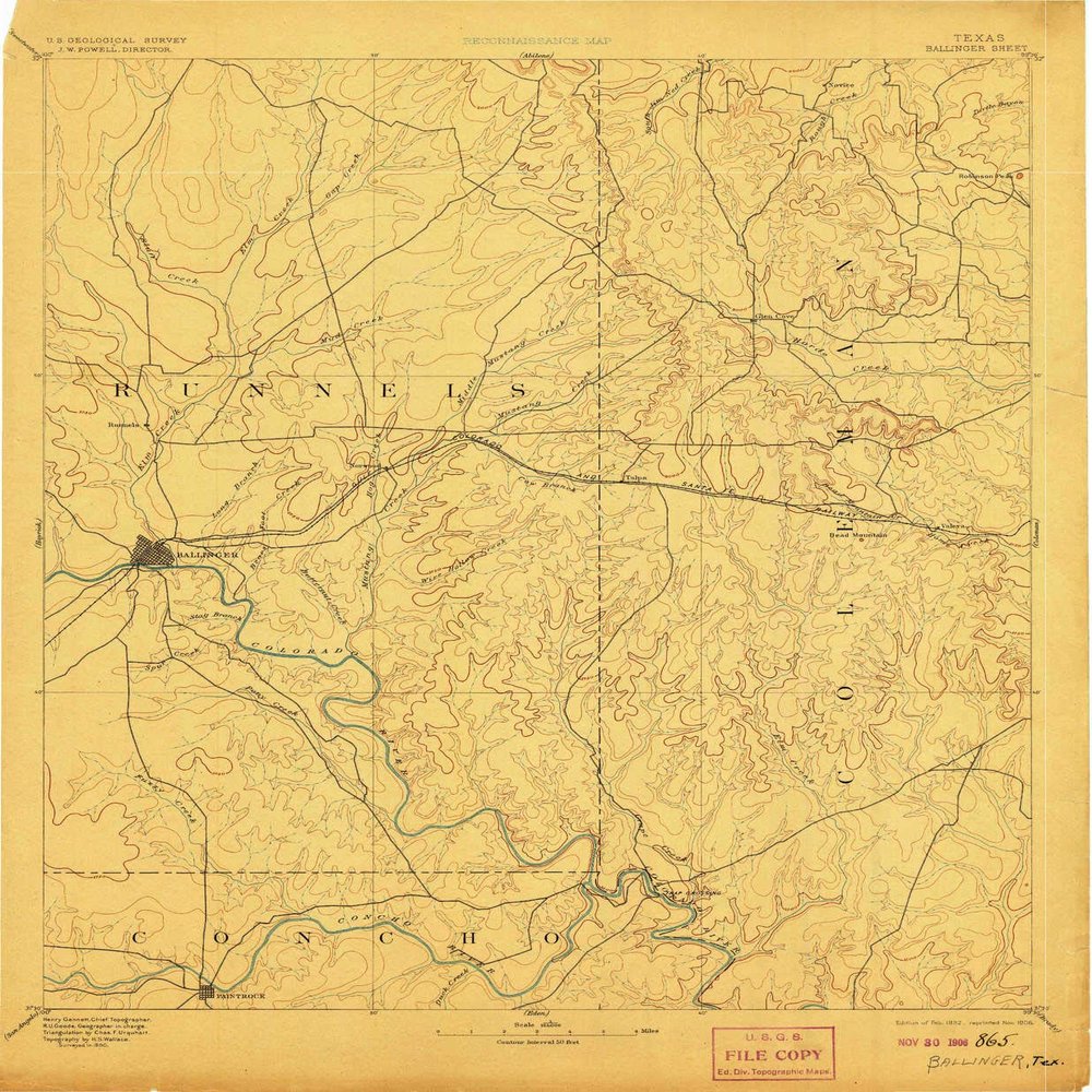 YellowMaps Ballinger TX topo map, 1:125000 Scale, 30 X 30 Minute, Historical, 1892, Updated 1906, 20.1 x 16.5 in - Tyvek