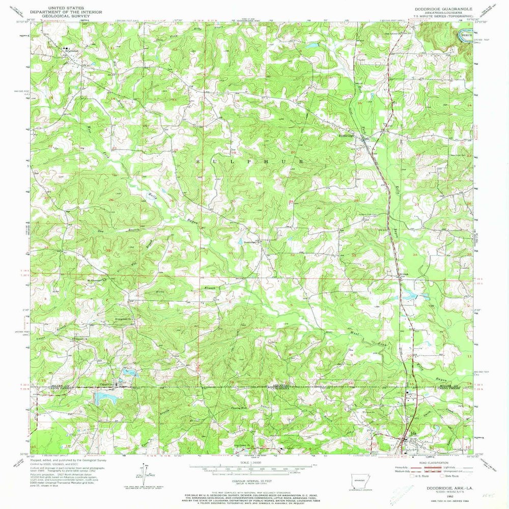YellowMaps Doddridge AR topo map, 1:24000 Scale, 7.5 X 7.5 Minute, Historical, 1952, Updated 1973, 26.8 x 22 in - Polypropylene