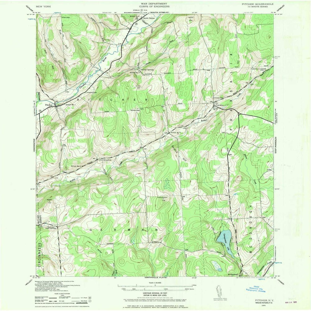 YellowMaps Pitcher NY topo map, 1:24000 Scale, 7.5 X 7.5 Minute, Historical, 1943, Updated 1970, 26.9 x 22 in - Tyvek