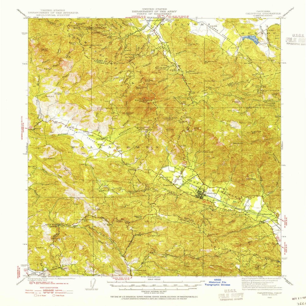YellowMaps Calistoga CA topo map, 1:62500 Scale, 15 X 15 Minute, Historical, 1943, Updated 1955, 20.8 x 16.6 in - Tyvek