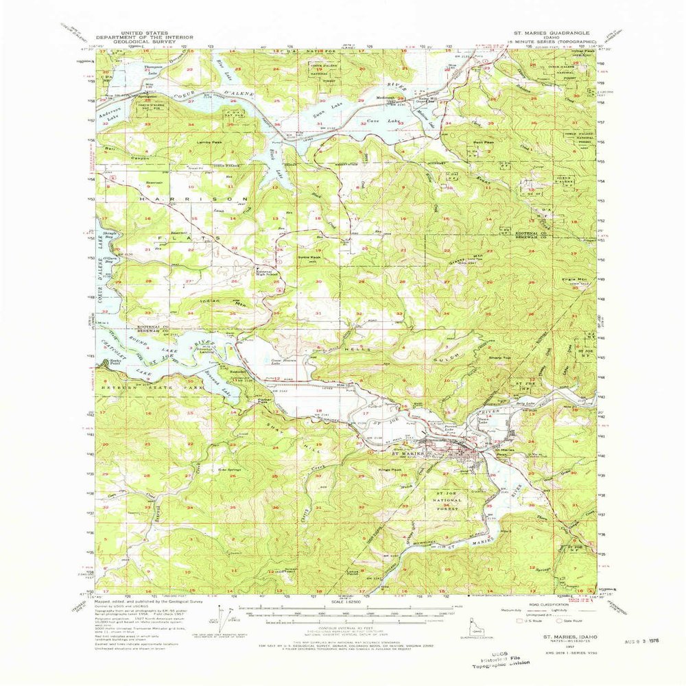 YellowMaps St Maries ID topo map, 1:62500 Scale, 15 X 15 Minute, Historical, 1957, Updated 1976, 22 x 16.3 in - Polypropylene