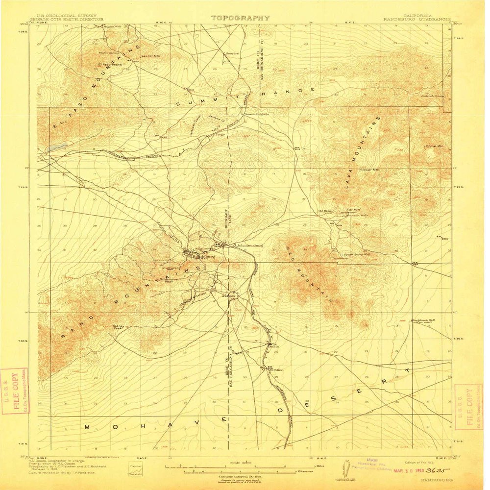 YellowMaps Randsburg CA topo map, 1:62500 Scale, 15 X 15 Minute, Historical, 1912, 19.8 x 16.6 in - Tyvek