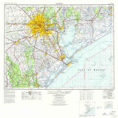 YellowMaps Houston TX topo map, 1:250000 Scale, 1 X 2 Degree, Historical, 1975, Updated 1977, 25.5 x 33.8 in - Polypropylene