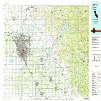 YellowMaps Fresno CA topo map, 1:100000 Scale, 30 X 60 Minute, Historical, 1982, Updated 1983, 24.1 x 41.7 in - Tyvek