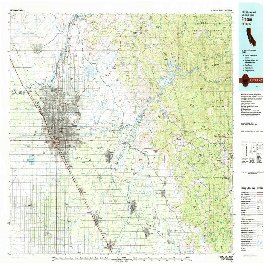 YellowMaps Fresno CA topo map, 1:100000 Scale, 30 X 60 Minute, Historical, 1982, Updated 1983, 24.1 x 41.7 in - Tyvek