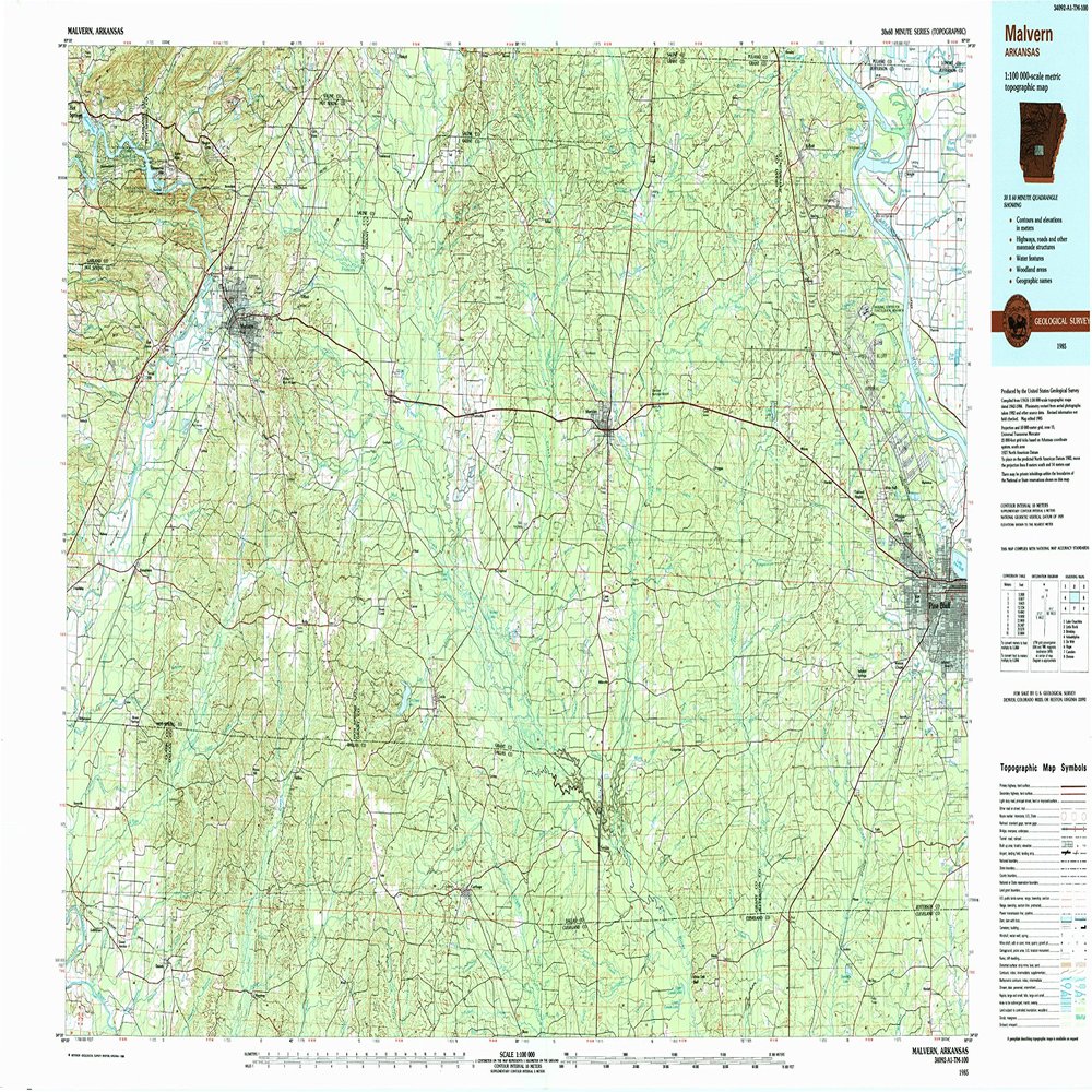 YellowMaps Malvern AR topo map, 1:100000 Scale, 30 X 60 Minute, Historical, 1985, Updated 1988, 24.1 x 44 in - Polypropylene
