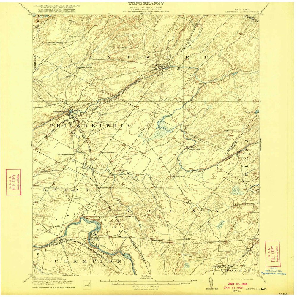 YellowMaps Antwerp NY topo map, 1:62500 Scale, 15 X 15 Minute, Historical, 1911, Updated 1922, 19.9 x 16.5 in - Polypropylene