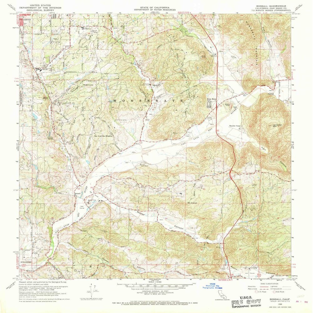 YellowMaps Bonsall CA topo map, 1:24000 Scale, 7.5 X 7.5 Minute, Historical, 1968, Updated 1970, 26.9 x 22 in - Tyvek