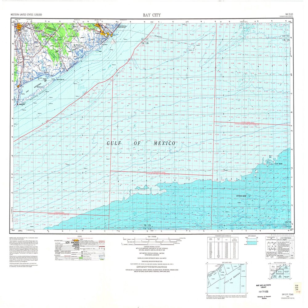 YellowMaps Bay City TX topo map, 1:250000 Scale, 1 X 2 Degree, Historical, 1974, Updated 1978, 26 x 34.3 in - Polypropylene