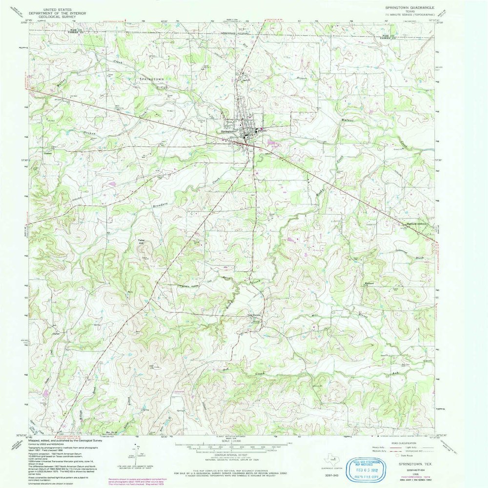 YellowMaps Springtown TX topo map, 1:24000 Scale, 7.5 X 7.5 Minute, Historical, 1958, Updated 1992, 26.9 x 23.1 in - Polypropylene