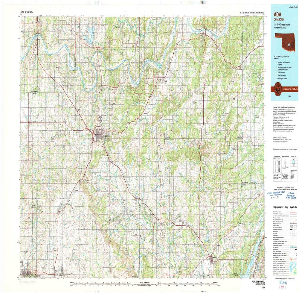 YellowMaps Ada OK topo map, 1:100000 Scale, 30 X 60 Minute, Historical, 1990, Updated 1990, 25 x 44.2 in - Tyvek