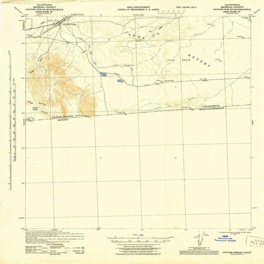 Coyote Wells CA topo map, 1:62500 Scale, 15 X 15 Minute, Historical, 1943, Updated 1945, 21.7 x 17.3 in - Polypropylene
