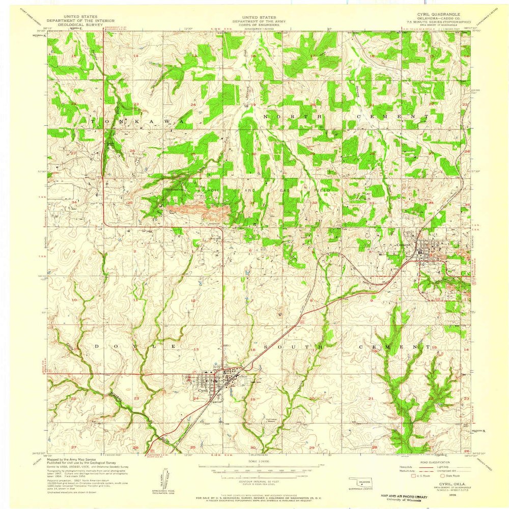YellowMaps Cyril OK topo map, 1:24000 Scale, 7.5 X 7.5 Minute, Historical, 1956, Updated 1959, 27.4 x 22.5 in - Tyvek