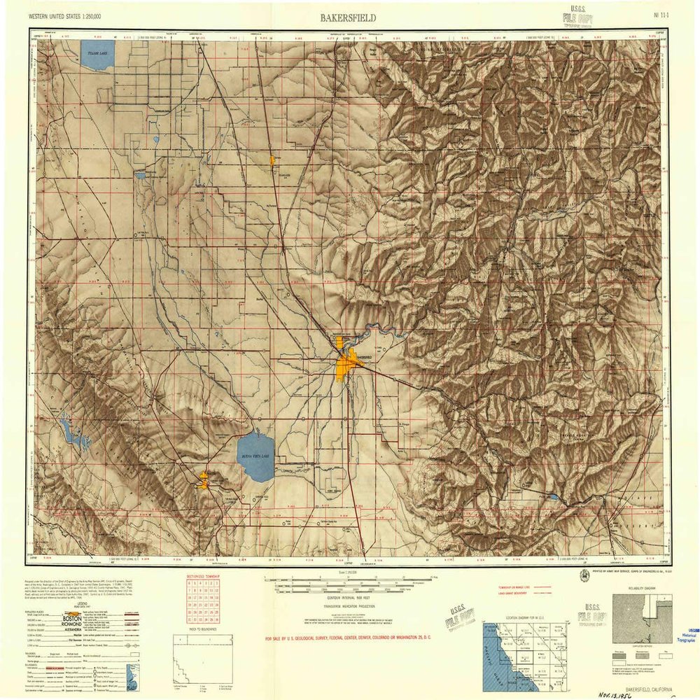 YellowMaps Bakersfield CA topo map, 1:250000 Scale, 1 X 2 Degree, Historical, 1956, 23.7 x 31.9 in - Tyvek