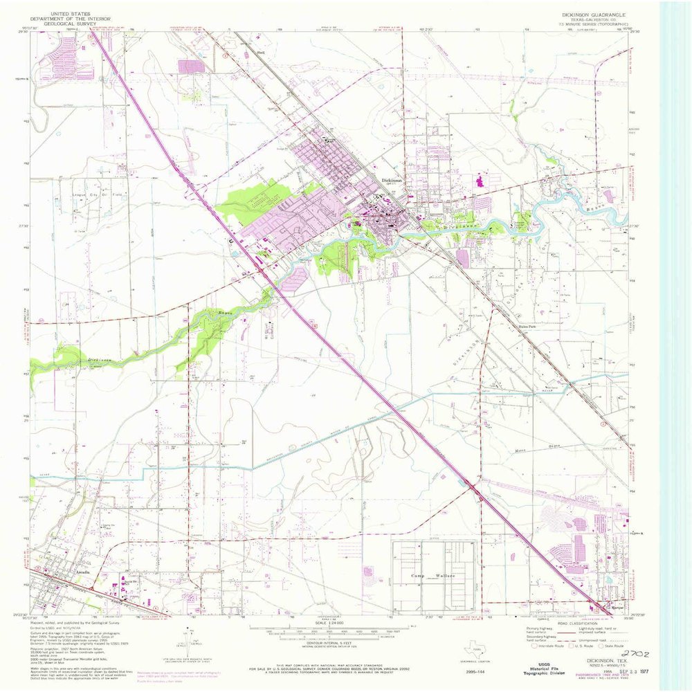 YellowMaps Dickinson TX topo map, 1:24000 Scale, 7.5 X 7.5 Minute, Historical, 1955, Updated 1977, 27 x 23 in - Polypropylene