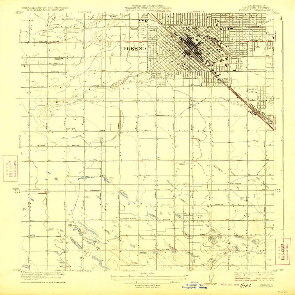 YellowMaps Fresno CA topo map, 1:31680 Scale, 7.5 X 7.5 Minute, Historical, 1923, 19.8 x 16.2 in - Polypropylene