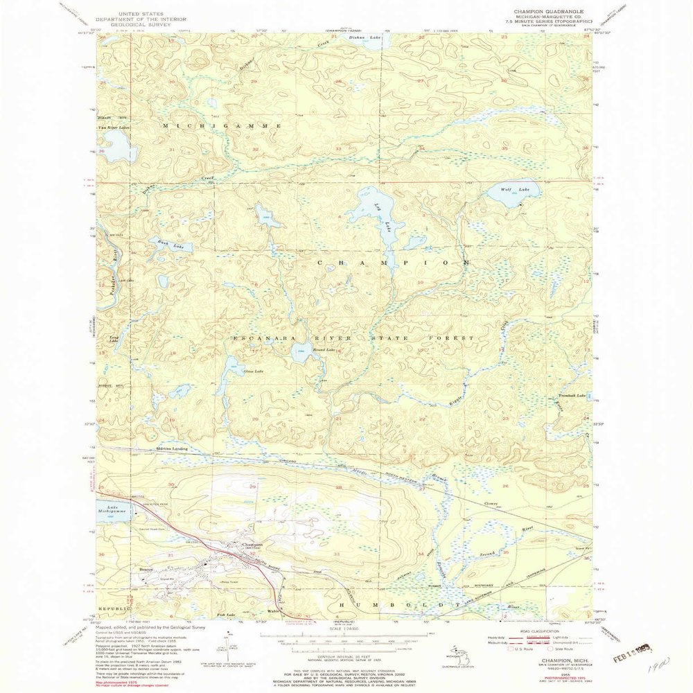 YellowMaps Champion MI topo map, 1:24000 Scale, 7.5 X 7.5 Minute, Historical, 1955, Updated 1982, 26.9 x 22 in - Polypropylene