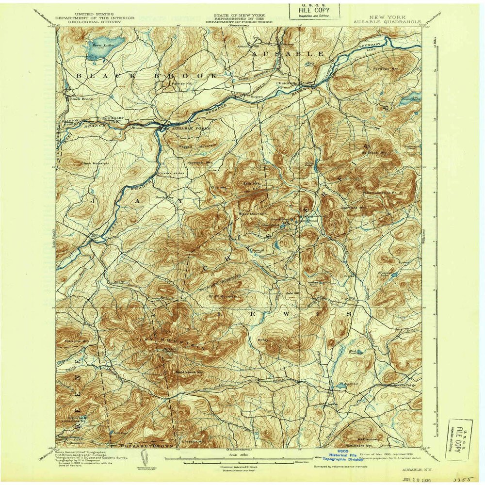 YellowMaps Ausable NY topo map, 1:62500 Scale, 15 X 15 Minute, Historical, 1903, Updated 1939, 20.1 x 16.6 in - Tyvek