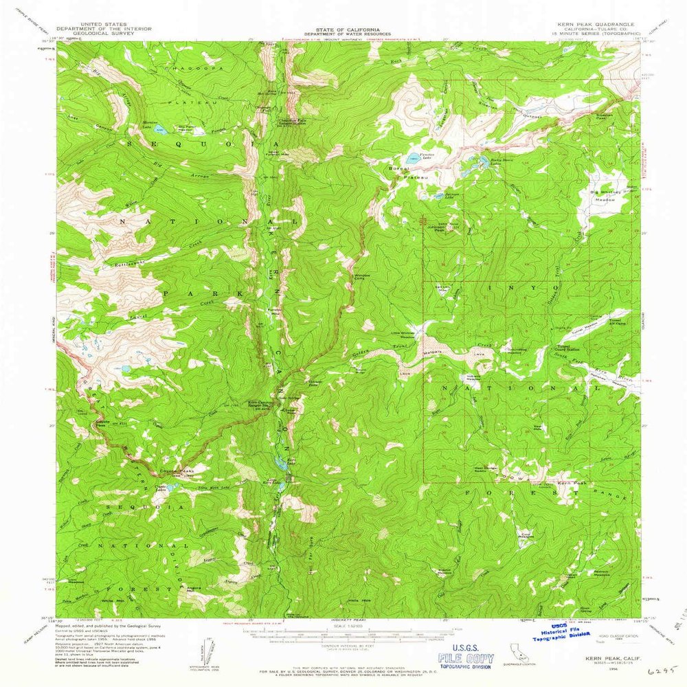 YellowMaps Kern Peak CA topo map, 1:62500 Scale, 15 X 15 Minute, Historical, 1956, Updated 1963, 20.8 x 16.6 in - Polypropylene