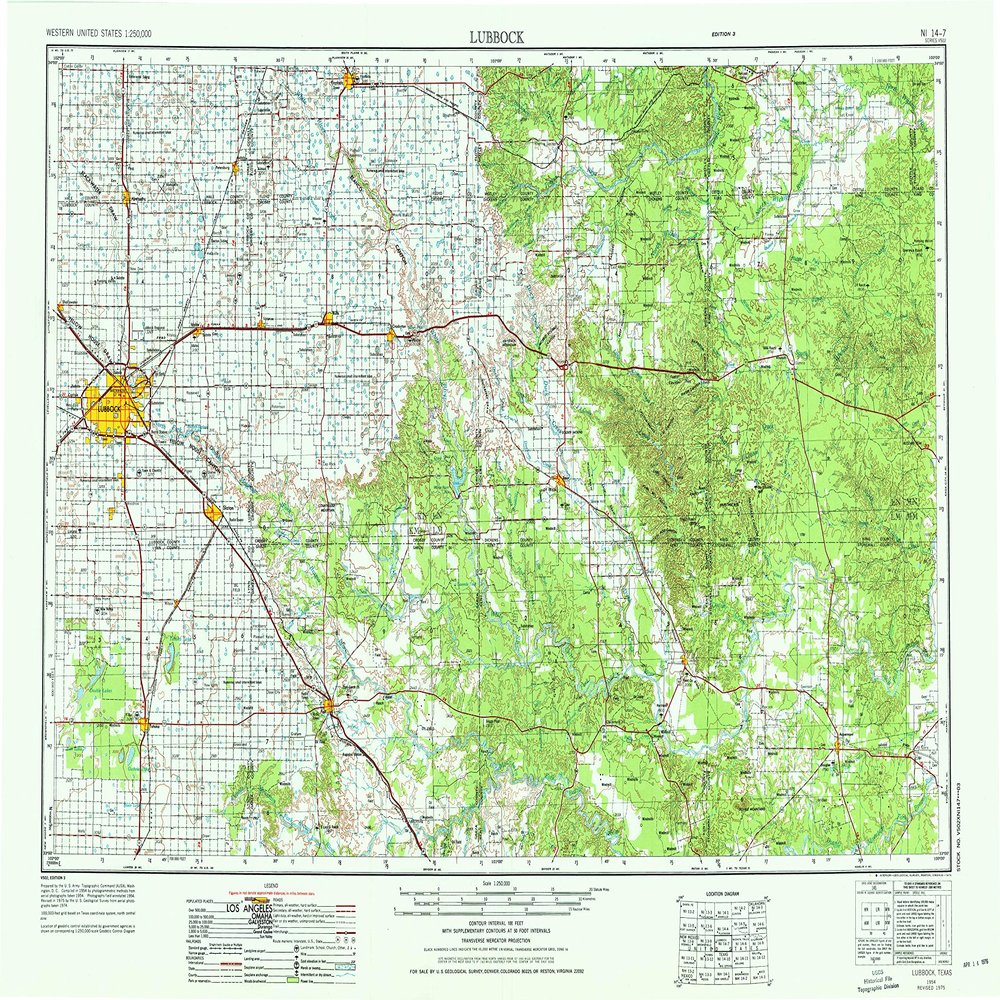 YellowMaps Lubbock TX topo map, 1:250000 Scale, 1 X 2 Degree, Historical, 1954, Updated 1976, 22.1 x 33.3 in - Polypropylene