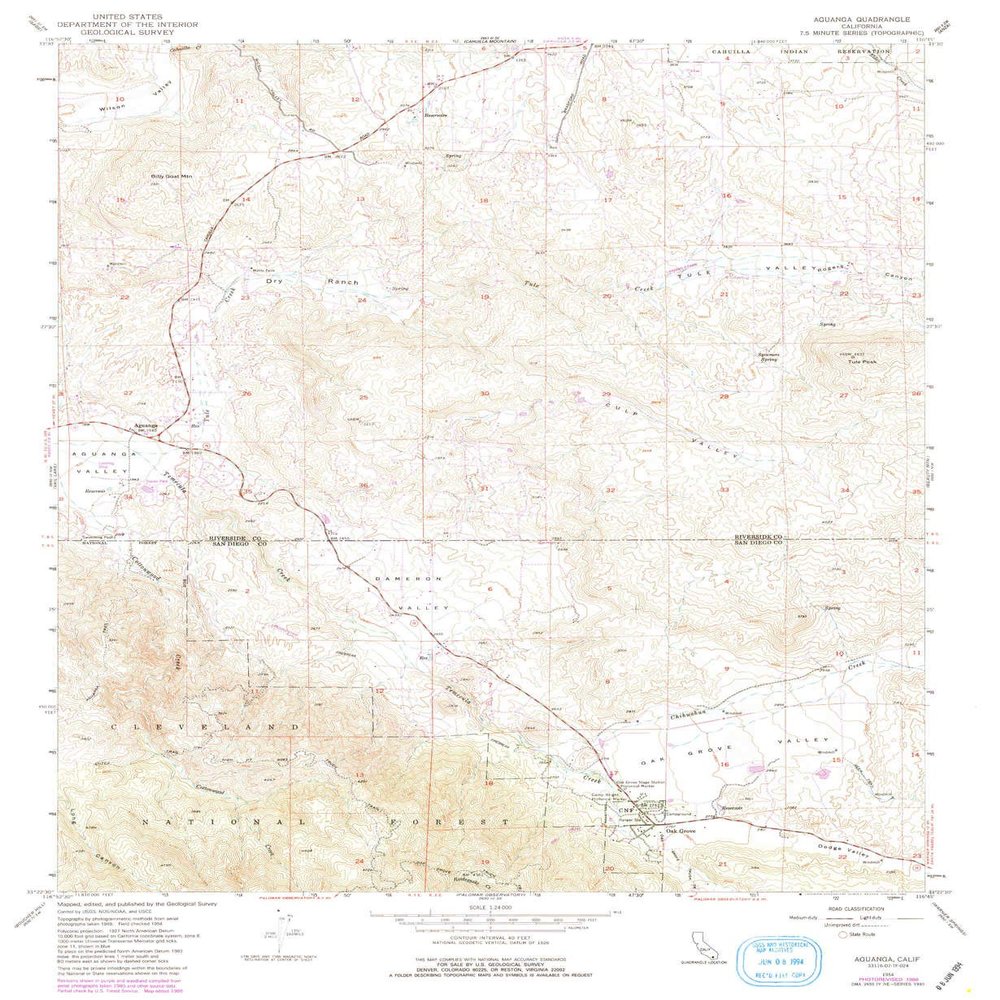 YellowMaps Aguanga CA topo map, 1:24000 Scale, 7.5 X 7.5 Minute, Historical, 1954, Updated 1988, 26.8 x 22 in - Polypropylene