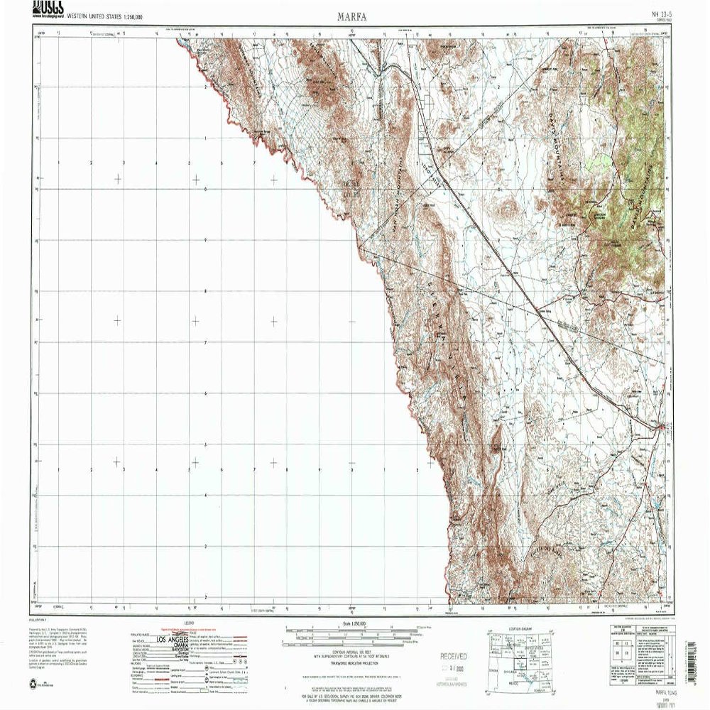 YellowMaps Marfa TX topo map, 1:250000 Scale, 1 X 2 Degree, Historical, 1959, Updated 1976, 21.9 x 34.3 in - Polypropylene