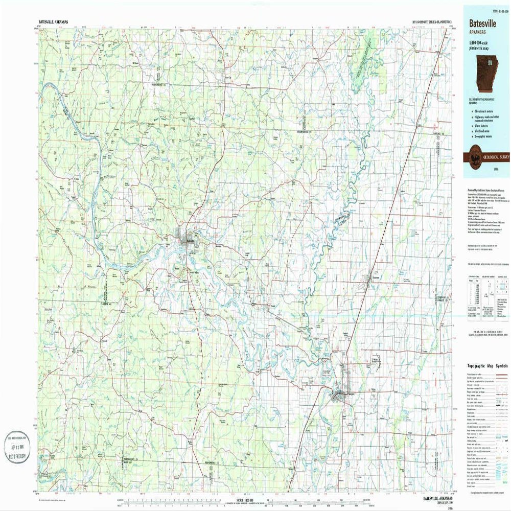 YellowMaps Batesville AR topo map, 1:100000 Scale, 30 X 60 Minute, Historical, 1986, Updated 1986, 24.1 x 44 in - Polypropylene