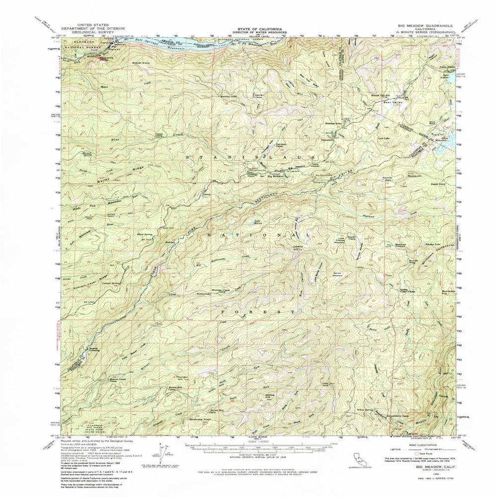 Big Meadow CA topo map, 1:62500 Scale, 15 X 15 Minute, Historical, 1956, Updated 1985, 21.8 x 17.3 in - Polypropylene