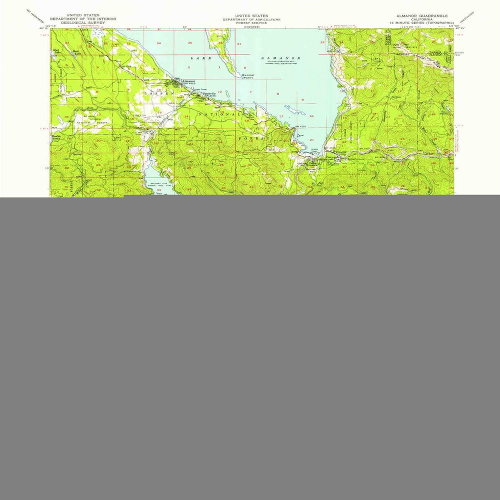 YellowMaps Almanor CA topo map, 1:62500 Scale, 15 X 15 Minute, Historical, 1955, Updated 1957, 20.8 x 16.6 in - Tyvek
