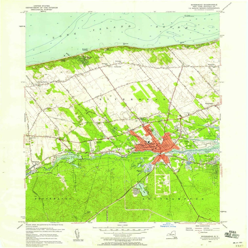 YellowMaps Riverhead NY topo map, 1:24000 Scale, 7.5 X 7.5 Minute, Historical, 1956, Updated 1958, 26.9 x 22.1 in - Polypropylene