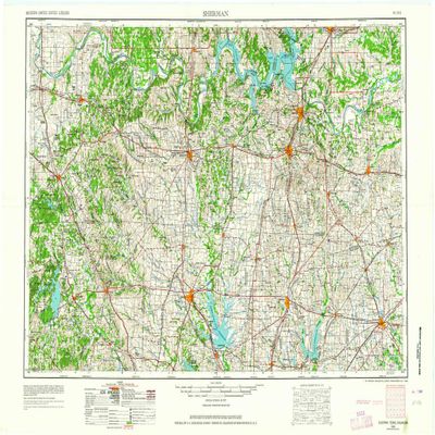 YellowMaps Sherman TX topo map, 1:250000 Scale, 1 X 2 Degree, Historical, 1954, Updated 1964, 22.1 x 34.2 in - Polypropylene