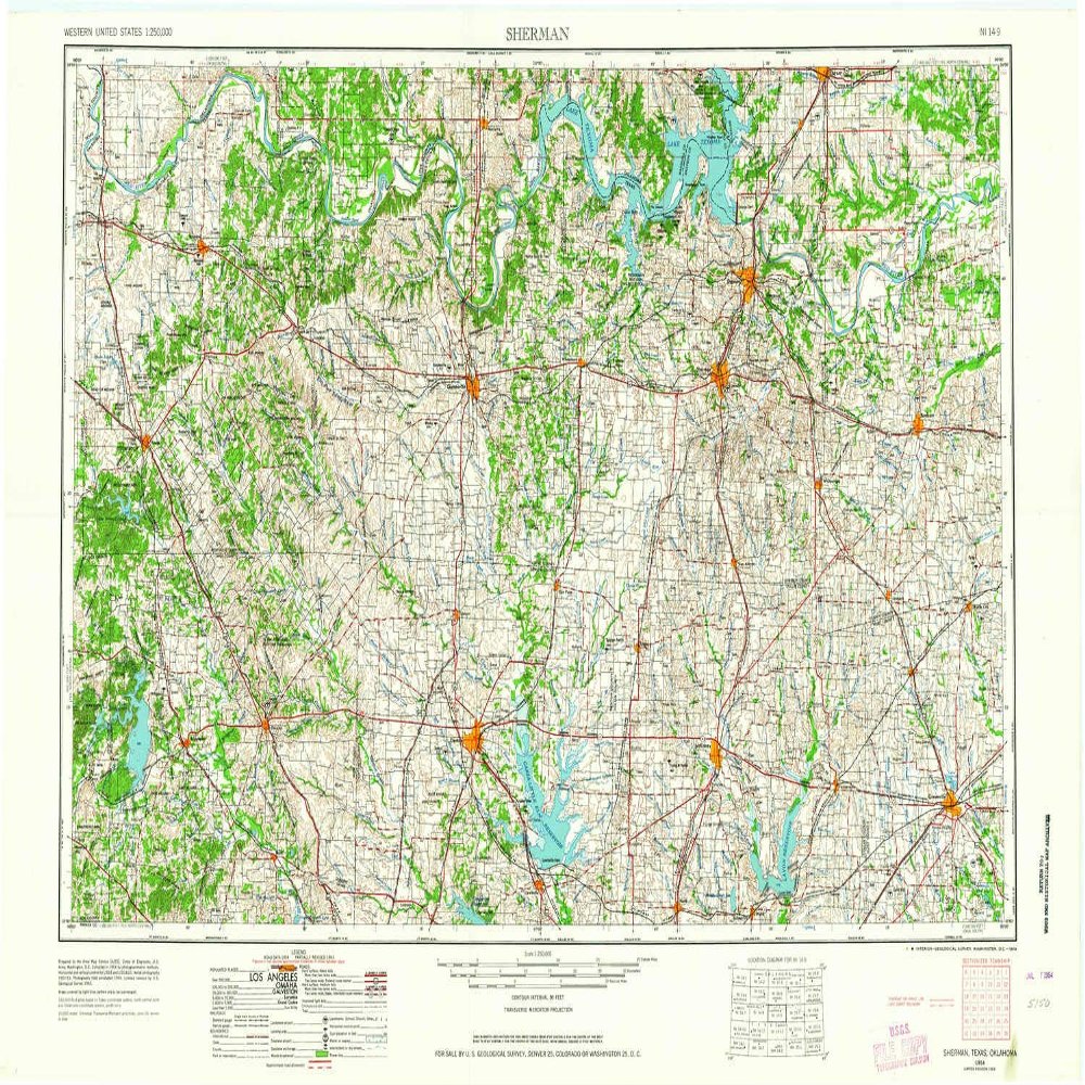 YellowMaps Sherman TX topo map, 1:250000 Scale, 1 X 2 Degree, Historical, 1954, Updated 1964, 22.1 x 34.2 in - Polypropylene