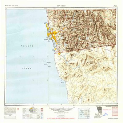 YellowMaps San Diego CA topo map, 1:250000 Scale, 1 X 2 Degree, Historical, 1950, Updated 1954, 22.8 x 33.2 in - Tyvek