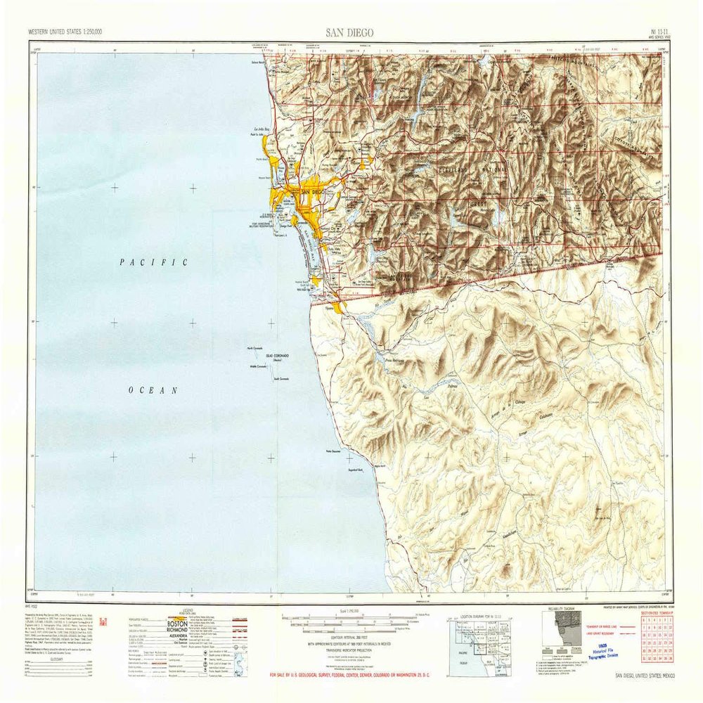 YellowMaps San Diego CA topo map, 1:250000 Scale, 1 X 2 Degree, Historical, 1950, Updated 1954, 22.8 x 33.2 in - Tyvek