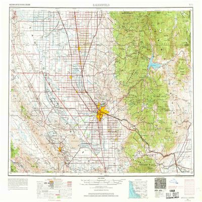YellowMaps Bakersfield CA topo map, 1:250000 Scale, 1 X 2 Degree, Historical, 1962, Updated 1969, 21.9 x 32.1 in - Tyvek