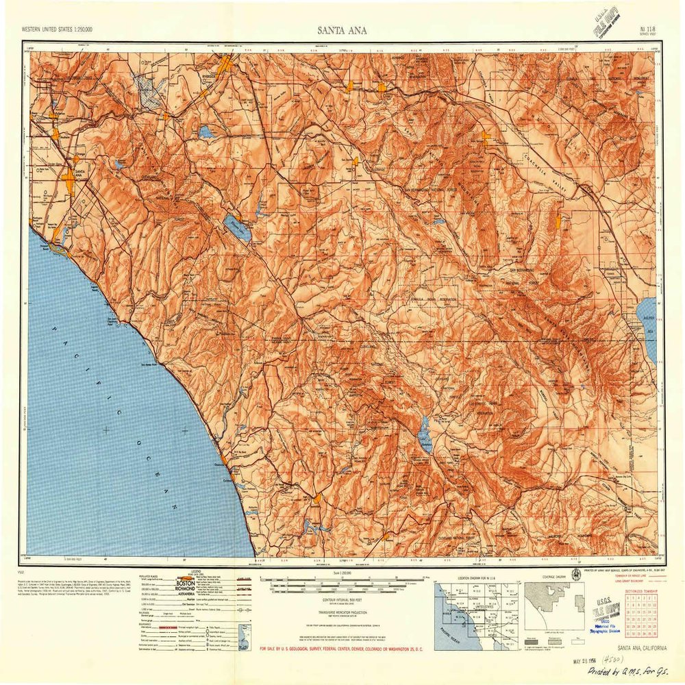 YellowMaps Santa Ana CA topo map, 1:250000 Scale, 1 X 2 Degree, Historical, 1956, Updated 1956, 23.7 x 31.9 in - Polypropylene