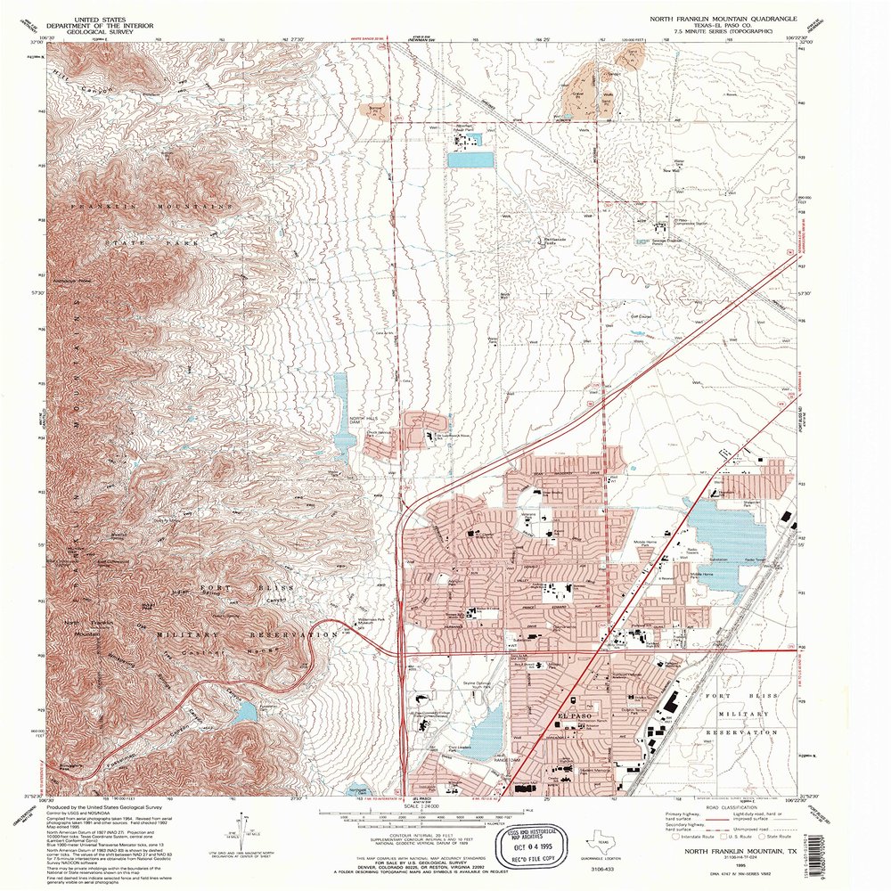 YellowMaps North Franklin Mountain TX topo map, 1:24000 Scale, 7.5 X 7.5 Minute, Historical, 1995, Updated 1995, 26.9 x 23.1 in - Polypropylene